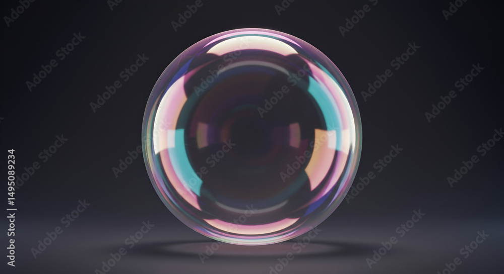 Poster a colorful iridescent soap bubble in a dark setting. a single, stationary, smooth bubble, displays a