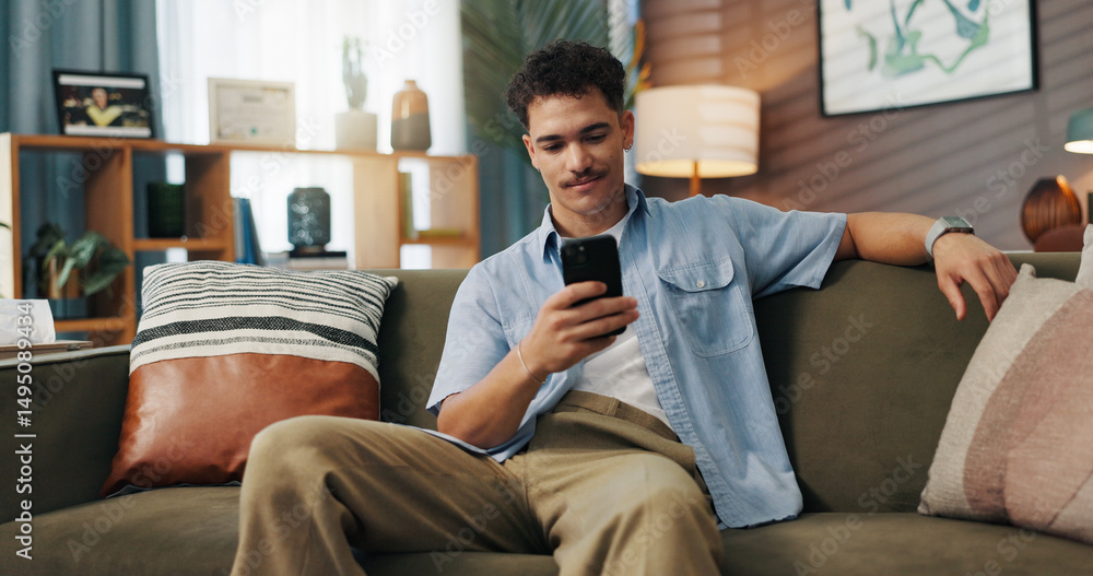 Poster relax, smile and man with mobile in home for communication, chat and reading message. sofa, online a