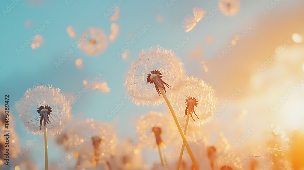 Aufkleber abstract image of dandelion seeds floating in a colorful, ethereal background