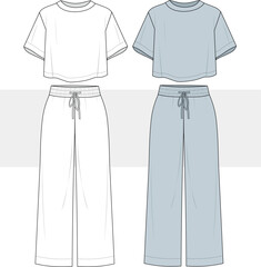 Oversize relax fit cotton crop top t shirt and wide leg sweatpants suit drawing. Home wear, Loungewear Fashion design illustration, Vector, CAD, Technical Drawing, Flat Sketch, Template, Mockup.