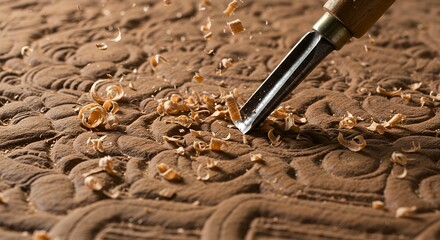 Wood carving with chisel and shavings