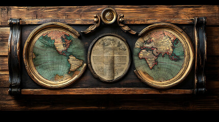 Three framed antique world map sections on wood, with gold circular borders and dark trim