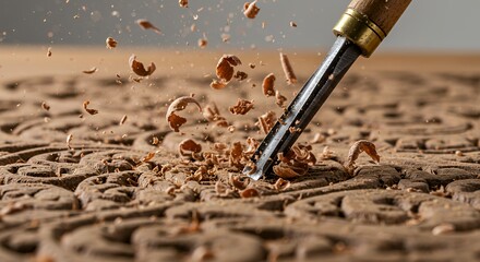 Wood Carving with Chisel and Flying Wood Shavings