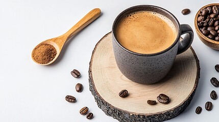 Espresso in a dark mug, coffee beans, and wooden spoon