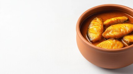 A flavorful fish curry with succulent pieces simmers gently within a rustic terracotta pot, presented against a clean, minimalist white backdrop for a modern feel.