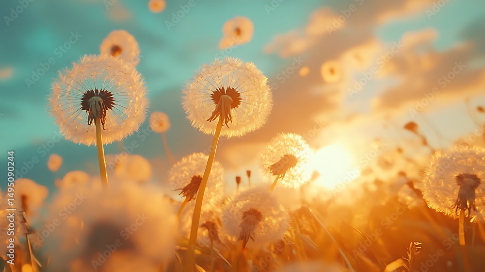 Poster abstract image of dandelion seeds floating in a colorful, ethereal background