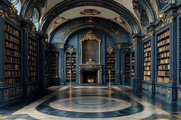 Luxurious library featuring tall, dark blue bookshelves with ornate golden accents and a marble floor