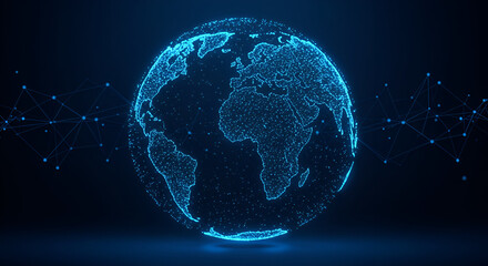 Naklejka premium Global network sphere with glowing points in a dark background. World map rendered as connected points, displaying global connectivity.