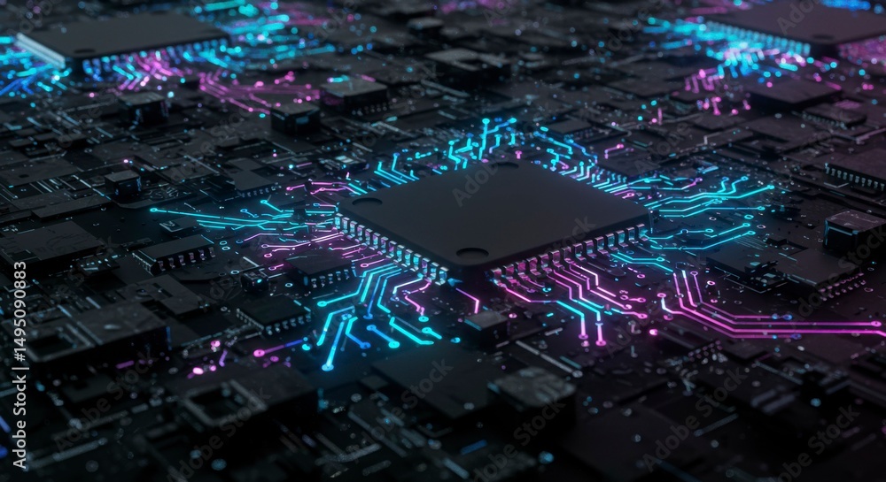 Poster glowing circuits and a central processor on a complex motherboard
