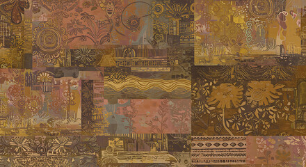 Fototapeta premium Abstract Collage Art Print Brown Gold Tones Patchwork Texture Design