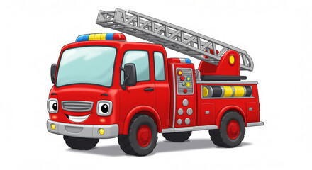 Fire Engine Ready for Action: A vibrant and inviting cartoon fire engine is ready to respond, its cheerful face promising help, with a ladder extended, a symbol of readiness and assistance.