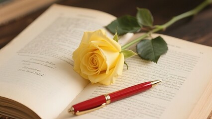 Yellow Rose on Open Vintage Poetry Book with Red Pen