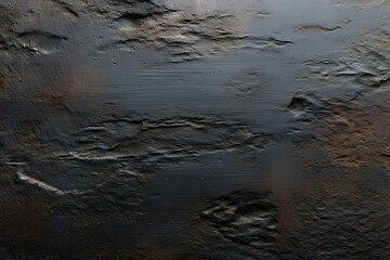 Dark, textured surface exhibiting rugged, uneven terrain with variations in depth and light, creating a mysterious and tactile atmosphere.