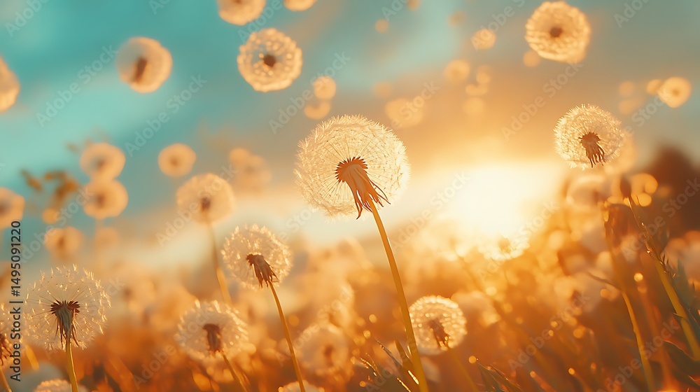 Poster abstract image of dandelion seeds floating in a colorful, ethereal background
