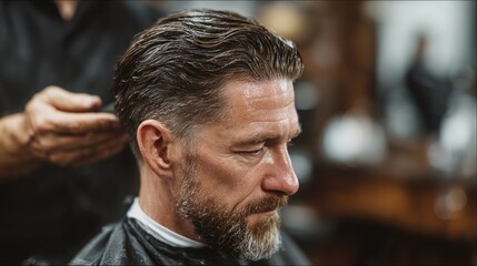 Man getting a haircut at a barber shop, stylish haircut and beard care