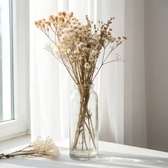 A bouquet of fresh flowers in a glass vase decorates a bright home interior