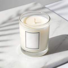 White burning candle in a glass with a soft flame, perfect for holiday decoration, celebration, or spa aromatherapy
