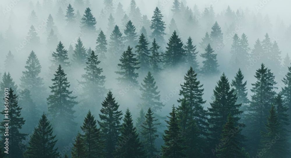 Poster dense evergreen trees enveloped by misty fog, creating a tranquil, serene atmosphere in the forest