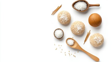 Three delicious coconut balls are displayed with wooden spoons filled with shredded coconut on a clean, minimalist white surface in a flat lay composition.