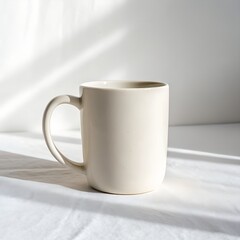 White ceramic coffee cup on a wooden table