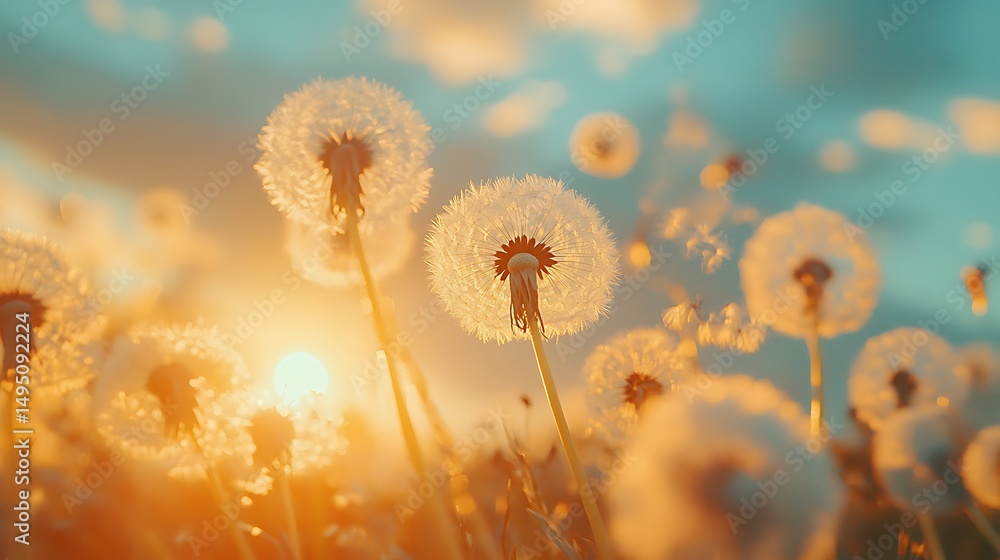 Poster abstract image of dandelion seeds floating in a colorful, ethereal background