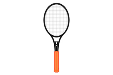 Tennis Racket with Orange Grip and Dark black Frame, High-Resolution Illustration of a Tennis Racket for Athletic Themes, Sports Equipment: Modern Vibrant Orange Handle on a PNG Transparent Background