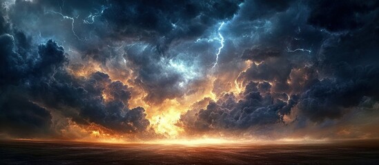 Naklejka premium Spectacular cinematic sky panorama with dramatic clouds and distant lightning flashes