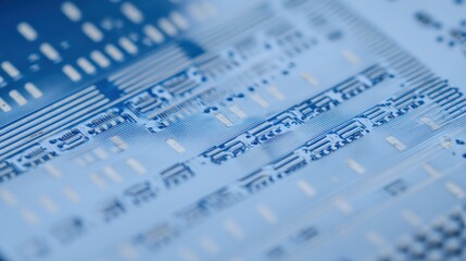 A super close-up photo of a precision sensor PCB, sapphire blue board material, fine-detailed microtraces, components in orderly rows, neutral gray lab table background.
