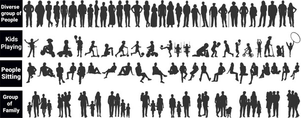silhouettes of architecture drawing people. Architectural drawing of diverse people, kids playing, people sitting and group of family in row section elevation view. characters in architectural