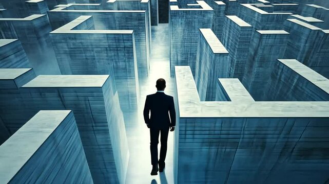 A businessman navigating a complex maze of concrete structures under a cloudy sky, symbolizing challenges