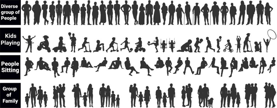 silhouettes of architecture drawing people. Architectural drawing of diverse people, kids playing, people sitting and group of family in row section elevation view. characters in architectural