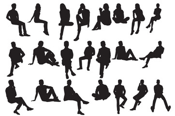 People Sitting silhouette set. Silhouette of people sitting on couch, chair, ground and benched.  