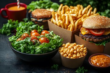 Diverse Fast Food Options on a Dark Surface