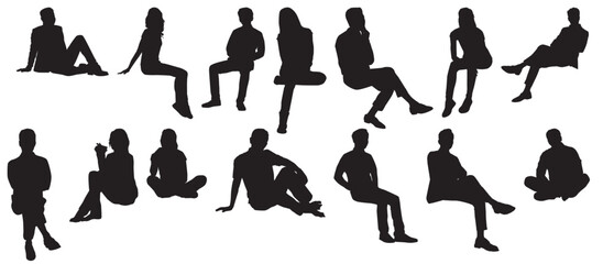 set of people sitting silhouettes isolated on transparent background