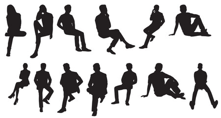 silhouette of sitting people men and women. people sitting on a chair, bench and floor. People, profile in black color isolated on transparent background.