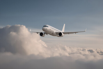 Fototapeta premium sleek modern airplane soaring through fluffy clouds bathed in soft lighting creating serene atmosphere