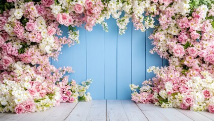 Pastel flowers frame a light blue wooden backdrop