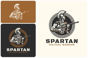 Spartan Warrior Military Vector Logo – Sparta Fighter Helmet with Modern Soldier & Rifle in Circular Greek Key Badge Design