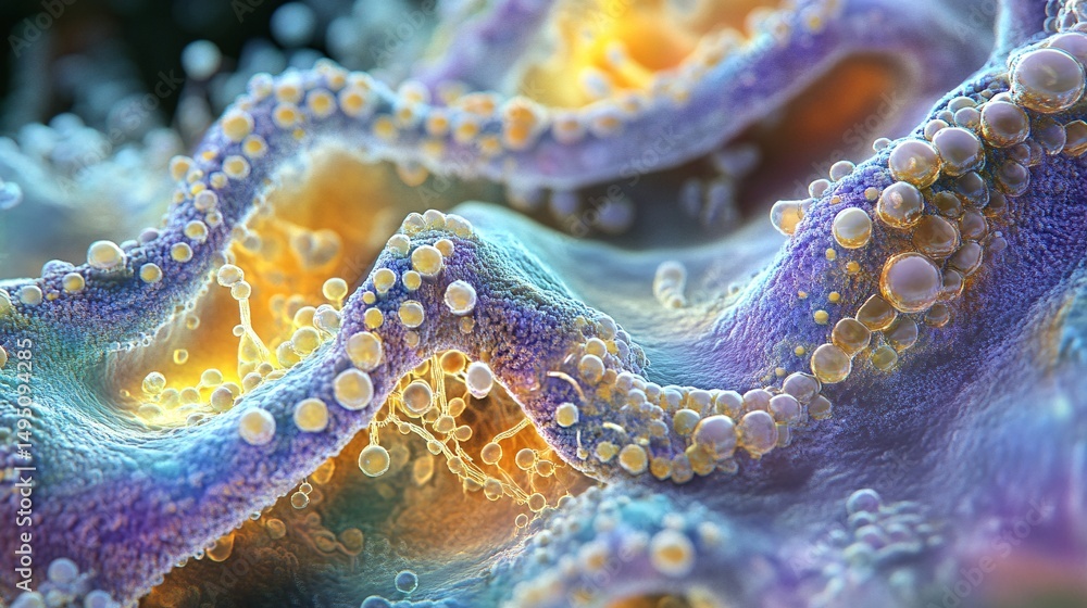 Poster abstract conception of cell structures and molecular dynamics in vibrant 3d renderings