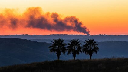 Fototapeta premium Silhouetted palm trees at sunset, smoke plumes rise above hills