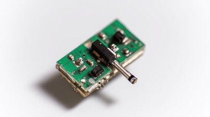 A top-down close-up of a small wearable device circuit board, forest green PCB, embedded sensors and mini battery connector, plain white background, highly realistic textures.