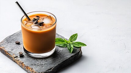 Iced coffee drink with mint leaves