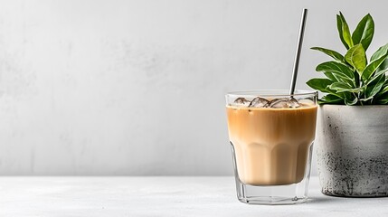Iced coffee in a glass with ice cubes and a metal straw, next to a potted plant