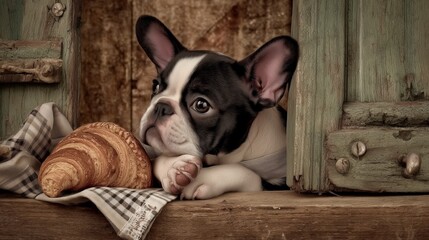 french bulldog puppy and croissant