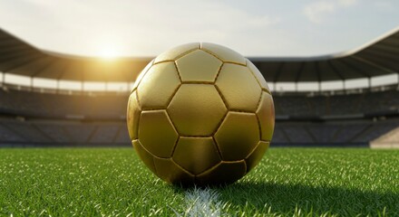 Fototapeta premium Golden soccer ball on a soccer field in stadium