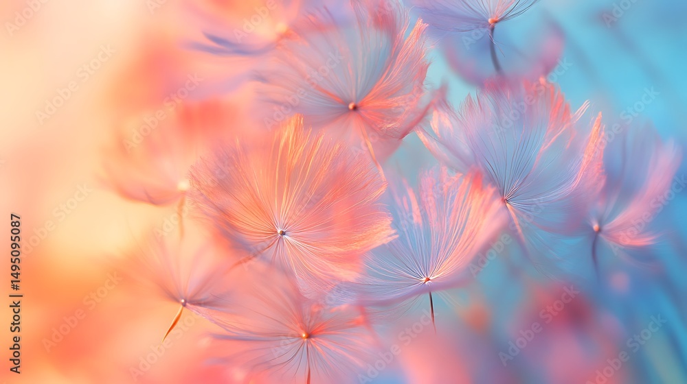 Poster abstract image of dandelion seeds floating in a colorful, ethereal background