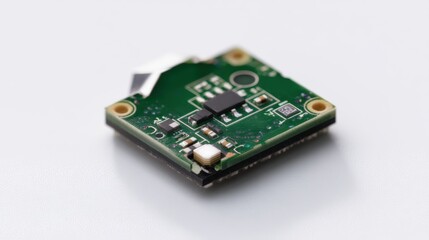 A top-down close-up of a small wearable device circuit board, forest green PCB, embedded sensors and mini battery connector, plain white background, highly realistic textures.