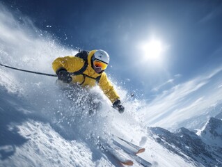 Skier Racing Down Snowy Mountain in Bright Sunlight