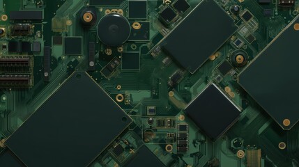 A top-down macro view of a wireless communications board, dark matte green PCB, multiple RF modules, tiny antennas, voltage regulators, all interconnected by ultra-thin gold tracks, clean matte gray b