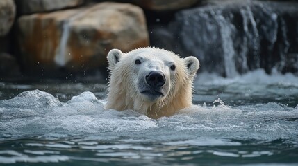 Polar Bear Swimming in Water Near Rocks